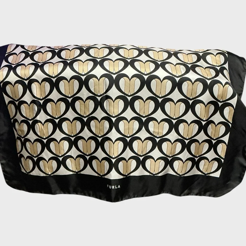 Furla Heart Print Square Scarf Black Cream Bandana Neck Scarf 23” Designer